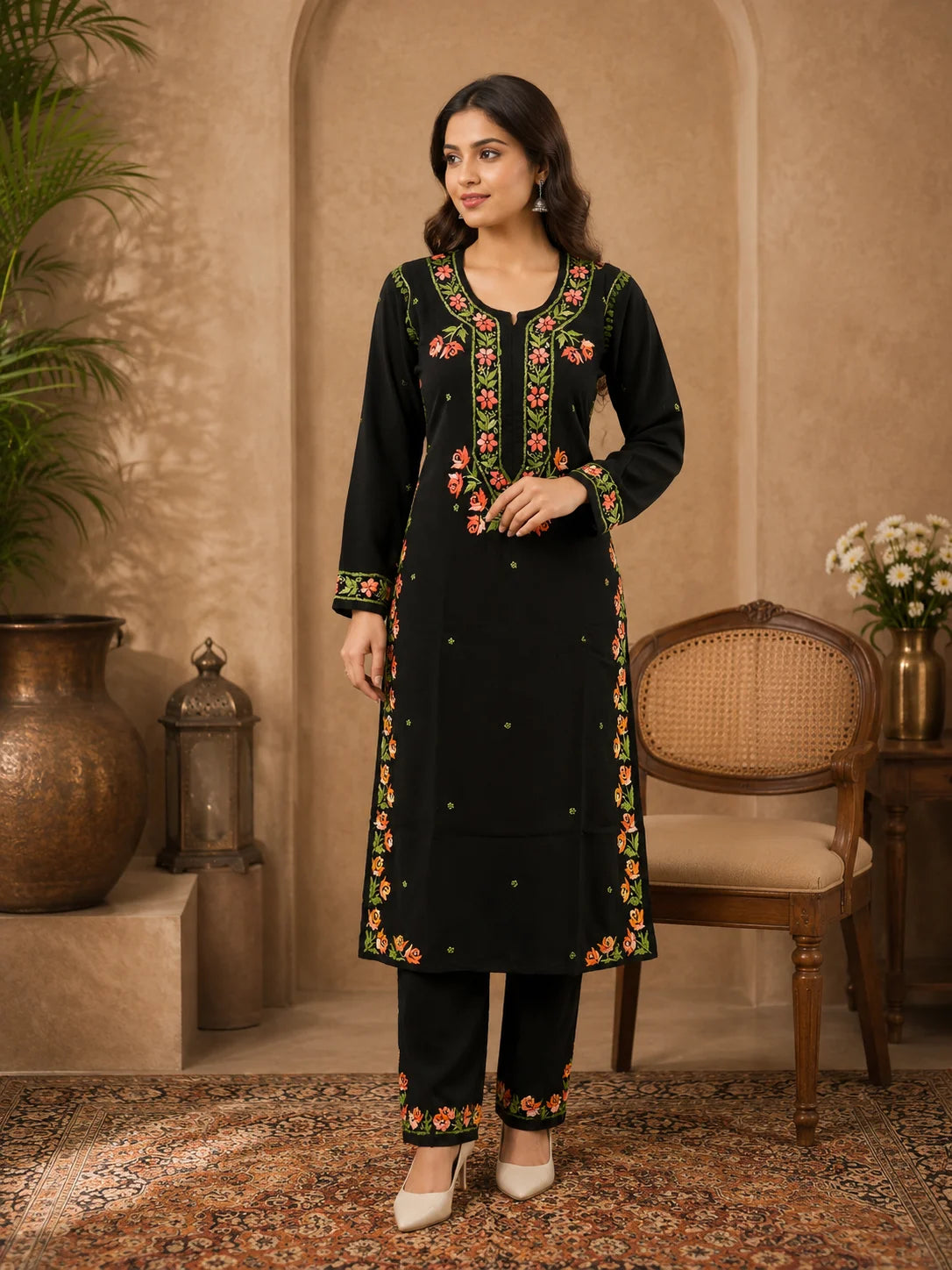 Premium Modal Handwork Kurti Palazzo Set for Women | Designer Multicolor Thread Work Kurti Palazzo Set