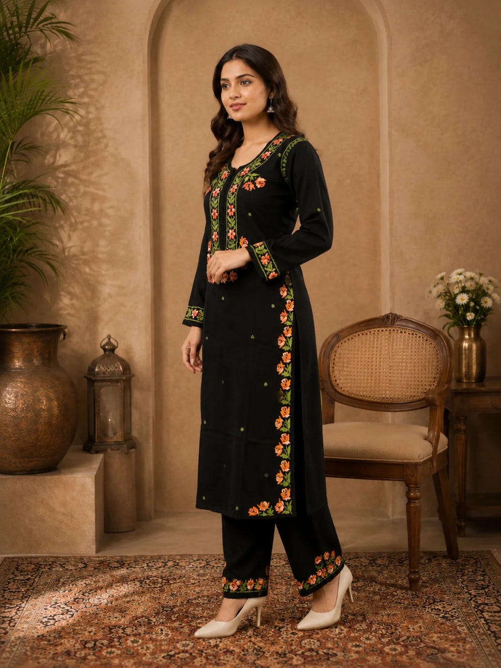 Premium Modal Handwork Kurti Palazzo Set for Women | Designer Multicolor Thread Work Kurti Palazzo Set