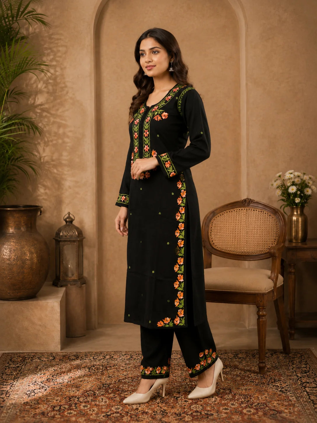 Premium Modal Handwork Kurti Palazzo Set for Women | Designer Multicolor Thread Work Kurti Palazzo Set