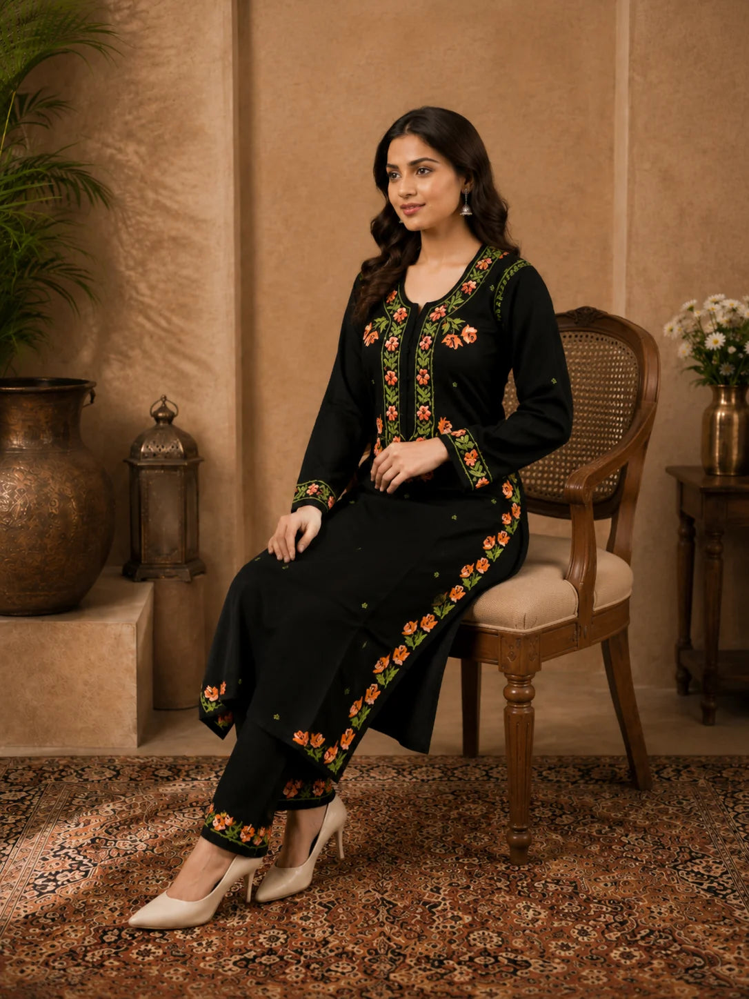 Premium Modal Handwork Kurti Palazzo Set for Women | Designer Multicolor Thread Work Kurti Palazzo Set