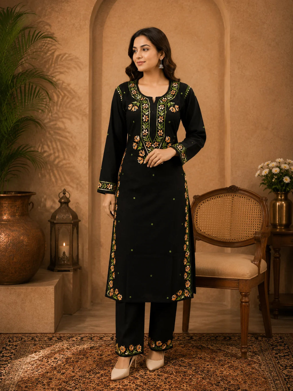Premium Modal Handwork Kurti Palazzo Set for Women | Designer Multicolor Thread Work Kurti Palazzo Set