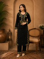 Premium Modal Handwork Kurti Palazzo Set for Women | Designer Multicolor Thread Work Kurti Palazzo Set