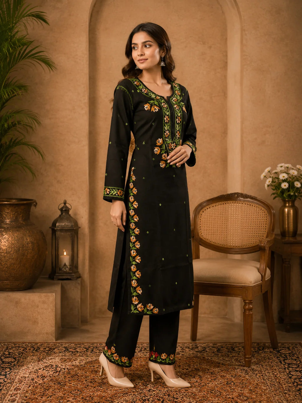Premium Modal Handwork Kurti Palazzo Set for Women | Designer Multicolor Thread Work Kurti Palazzo Set