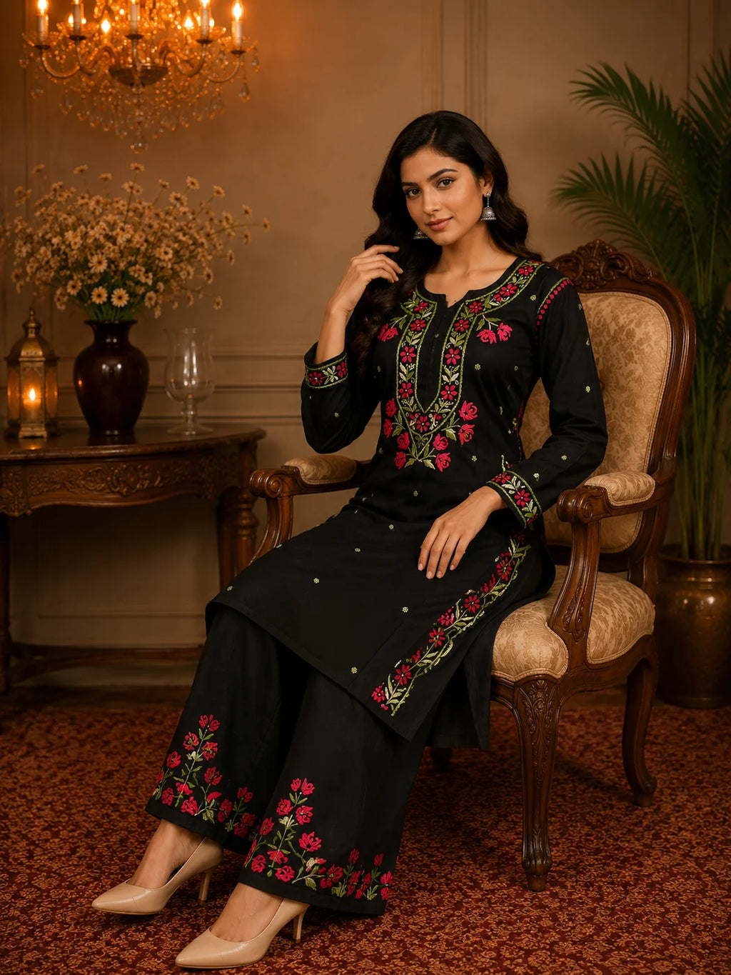 Premium Modal Handwork Kurti Palazzo Set for Women | Designer Multicolor Thread Work Kurti Palazzo Set