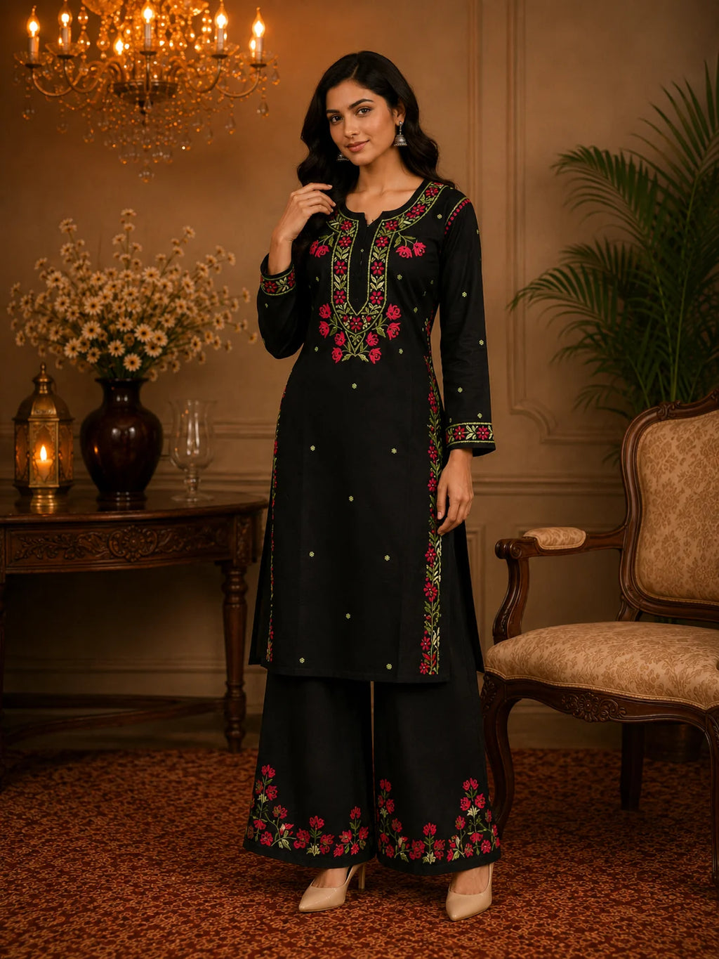 Premium Modal Handwork Kurti Palazzo Set for Women | Designer Multicolor Thread Work Kurti Palazzo Set