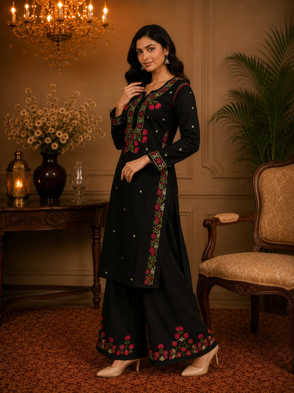 Premium Modal Handwork Kurti Palazzo Set for Women | Designer Multicolor Thread Work Kurti Palazzo Set