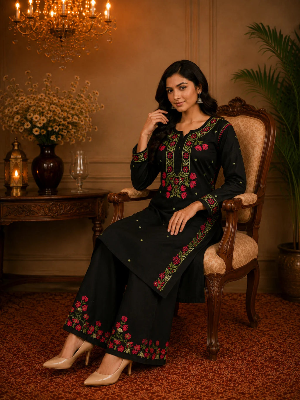 Premium Modal Handwork Kurti Palazzo Set for Women | Designer Multicolor Thread Work Kurti Palazzo Set