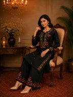 Premium Modal Handwork Kurti Palazzo Set for Women | Designer Multicolor Thread Work Kurti Palazzo Set
