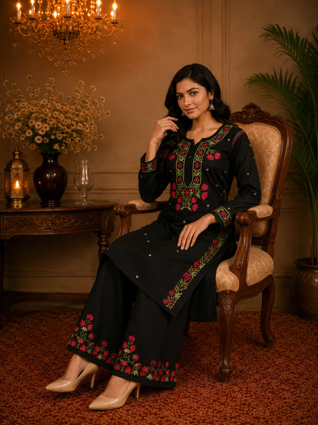 Premium Modal Handwork Kurti Palazzo Set for Women | Designer Multicolor Thread Work Kurti Palazzo Set