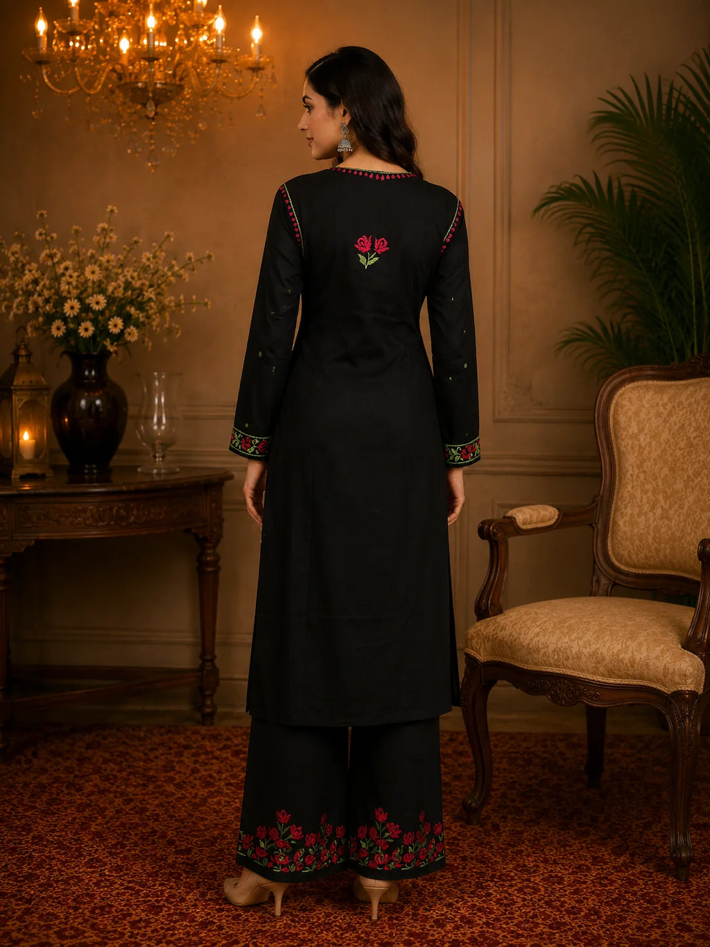 Premium Modal Handwork Kurti Palazzo Set for Women | Designer Multicolor Thread Work Kurti Palazzo Set