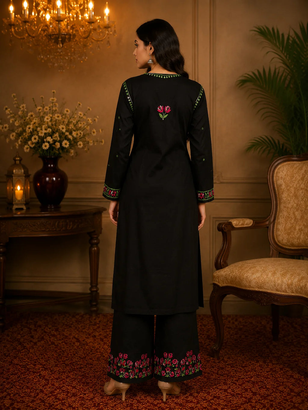 Premium Modal Handwork Kurti Palazzo Set for Women | Designer Multicolor Thread Work Kurti Palazzo Set