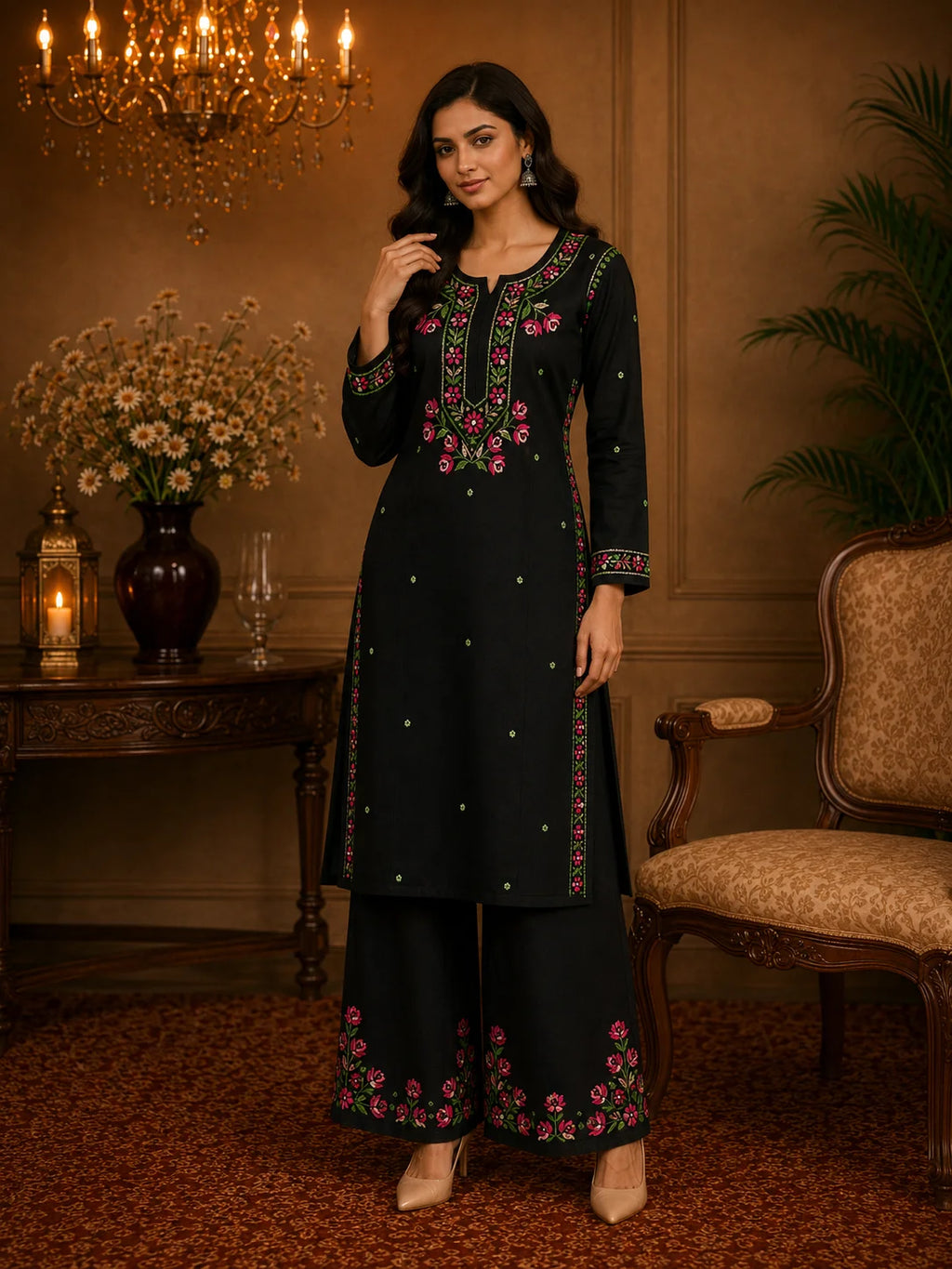 Premium Modal Handwork Kurti Palazzo Set for Women | Designer Multicolor Thread Work Kurti Palazzo Set