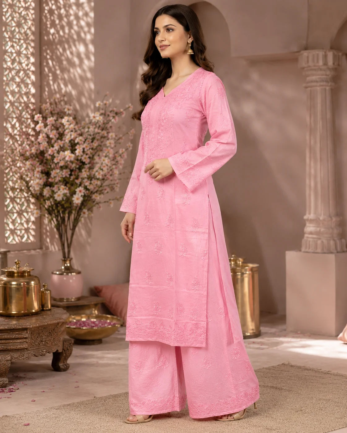 Luxury Muslin Chikankari Kurta Palazzo Dupatta Set for Women | Premium Hand Embroidered Ethnic Wear