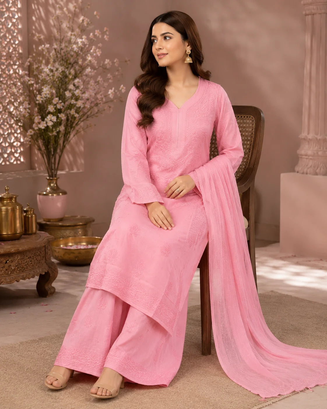 Luxury Muslin Chikankari Kurta Palazzo Dupatta Set for Women | Premium Hand Embroidered Ethnic Wear