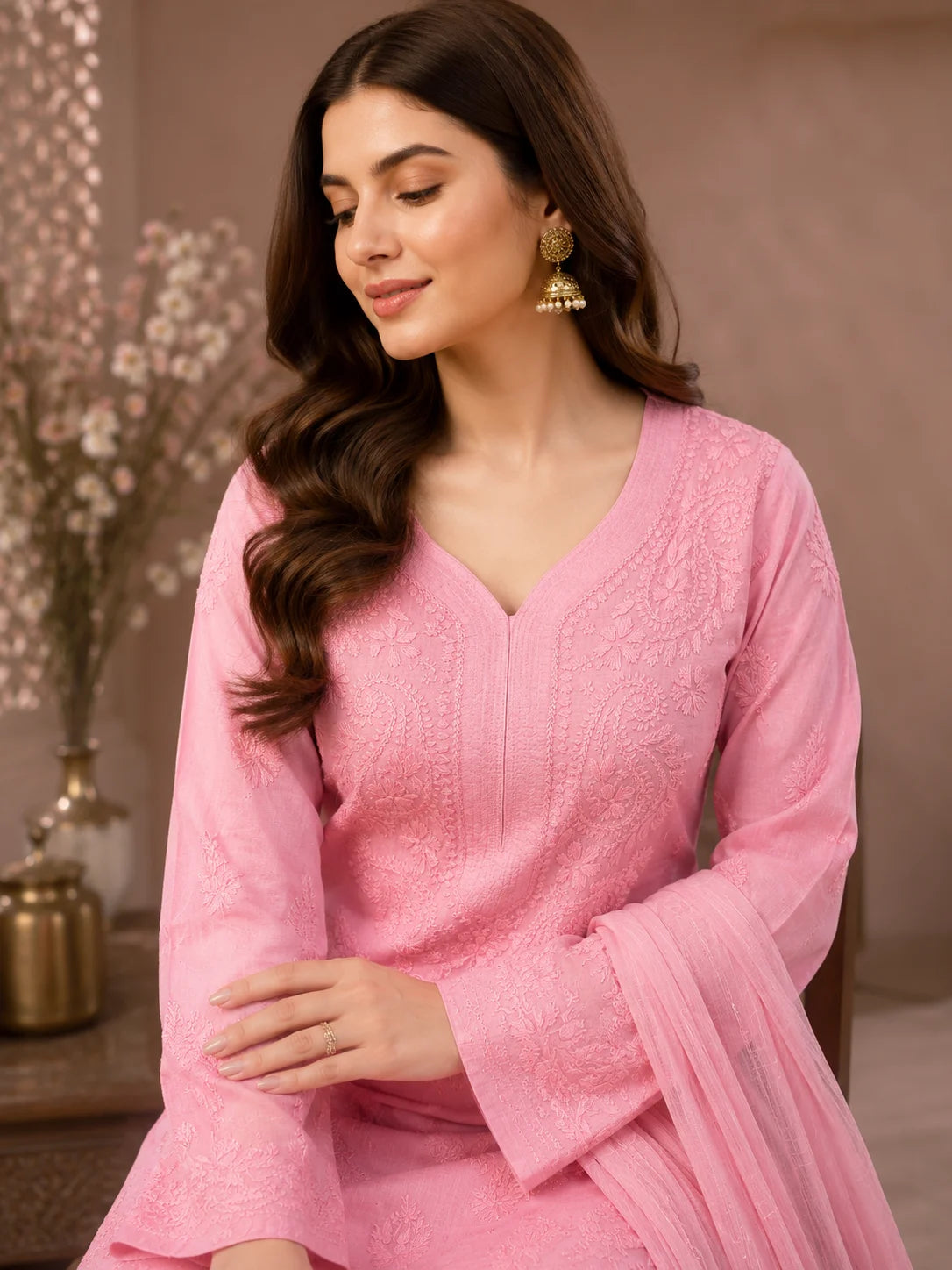 Luxury Muslin Chikankari Kurta Palazzo Dupatta Set for Women | Premium Hand Embroidered Ethnic Wear