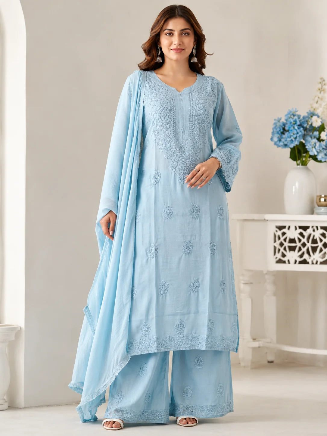 Luxury Muslin Chikankari Kurta Palazzo Dupatta Set for Women | Premium Hand Embroidered Ethnic Wear