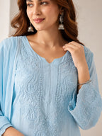 Luxury Muslin Chikankari Kurta Palazzo Dupatta Set for Women | Premium Hand Embroidered Ethnic Wear