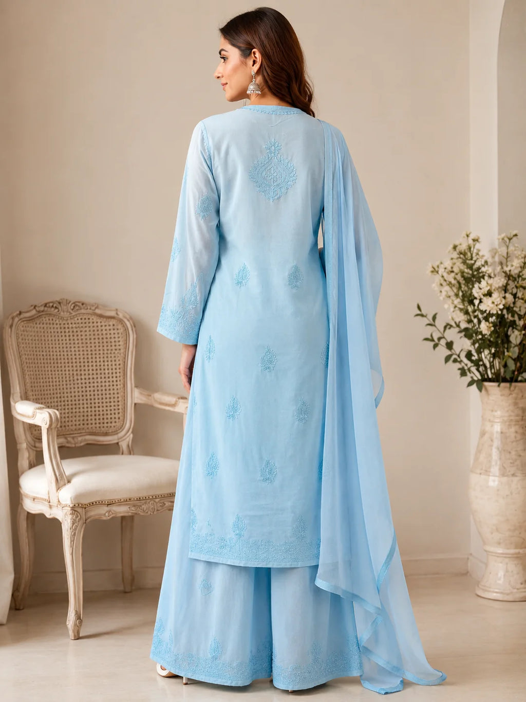 Luxury Muslin Chikankari Kurta Palazzo Dupatta Set for Women | Premium Hand Embroidered Ethnic Wear