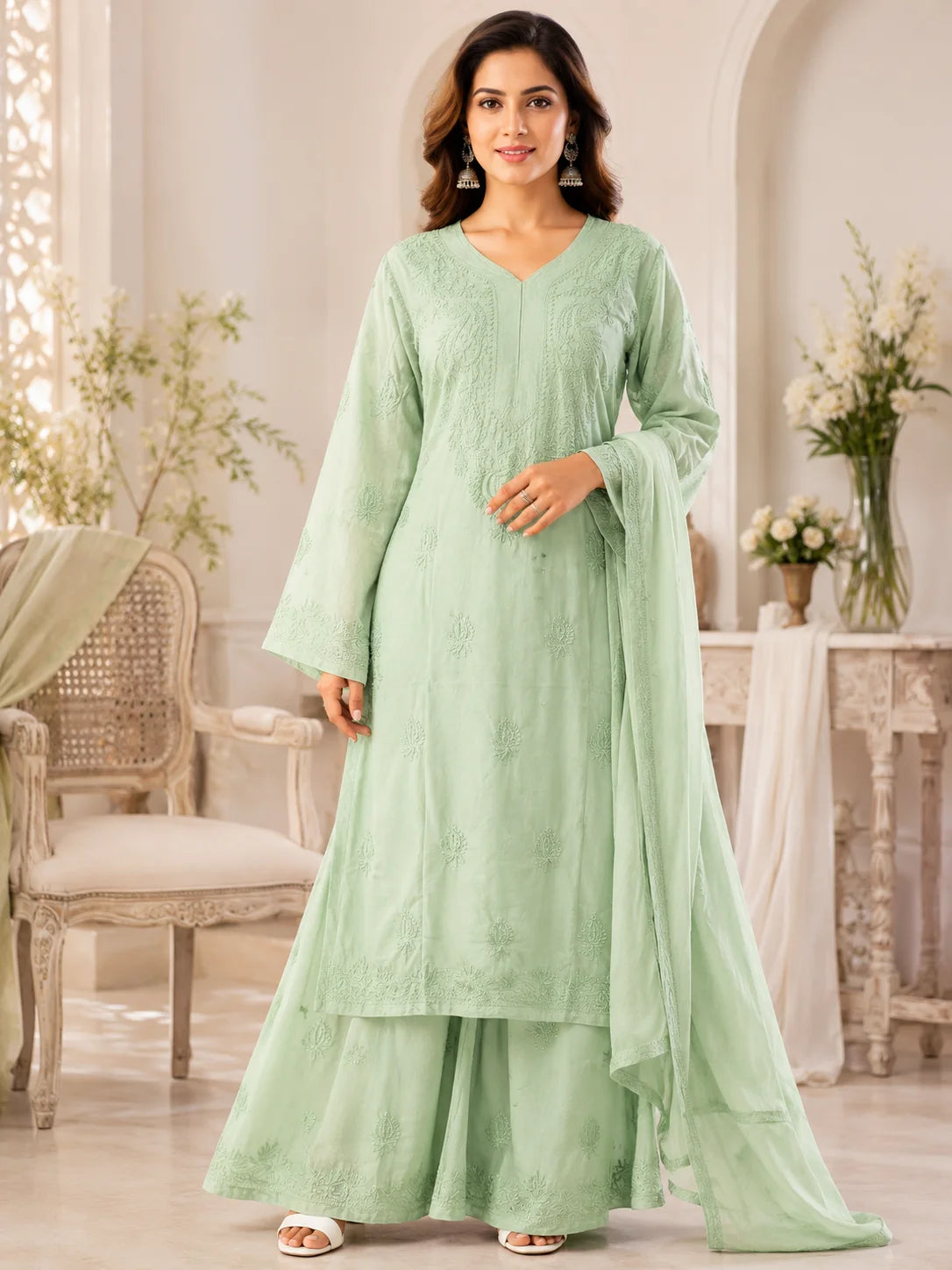 Luxury Muslin Chikankari Kurta Palazzo Dupatta Set for Women | Premium Hand Embroidered Ethnic Wear