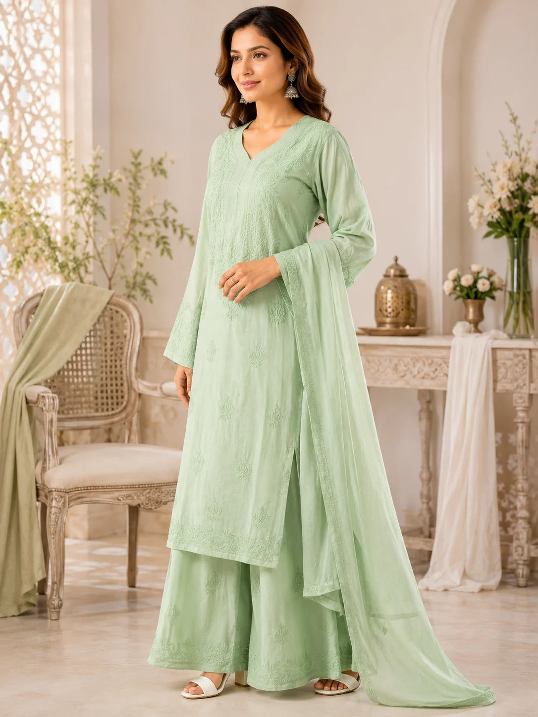 Luxury Muslin Chikankari Kurta Palazzo Dupatta Set for Women | Premium Hand Embroidered Ethnic Wear