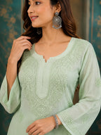 Luxury Muslin Chikankari Kurta Palazzo Dupatta Set for Women | Premium Hand Embroidered Ethnic Wear