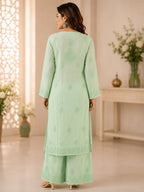 Luxury Muslin Chikankari Kurta Palazzo Dupatta Set for Women | Premium Hand Embroidered Ethnic Wear