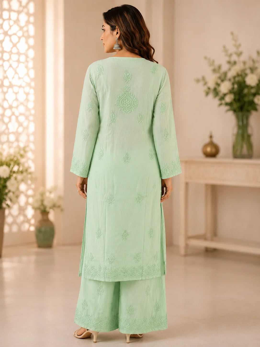 Luxury Muslin Chikankari Kurta Palazzo Dupatta Set for Women | Premium Hand Embroidered Ethnic Wear