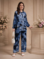 Luxury Navy Blue Modal Hand Embroidered Co-Ord Set for Women | Premium Tie-Dye Modal Shirt & Pant Set