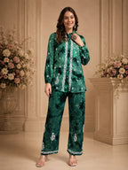 Luxury Navy Blue Modal Hand Embroidered Co-Ord Set for Women | Premium Tie-Dye Modal Shirt & Pant Set