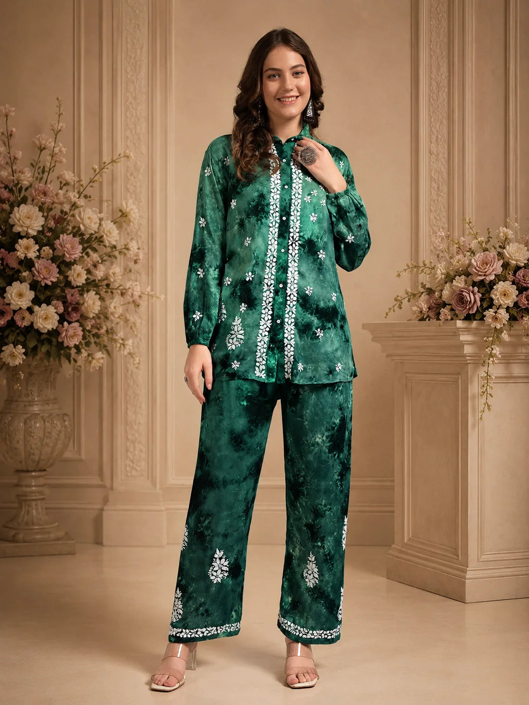 Luxury Navy Blue Modal Hand Embroidered Co-Ord Set for Women | Premium Tie-Dye Modal Shirt & Pant Set