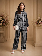 Luxury Navy Blue Modal Hand Embroidered Co-Ord Set for Women | Premium Tie-Dye Modal Shirt & Pant Set