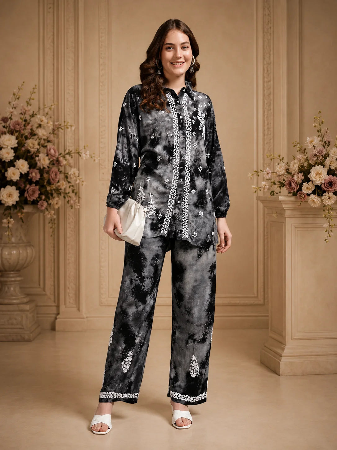 Luxury Navy Blue Modal Hand Embroidered Co-Ord Set for Women | Premium Tie-Dye Modal Shirt & Pant Set