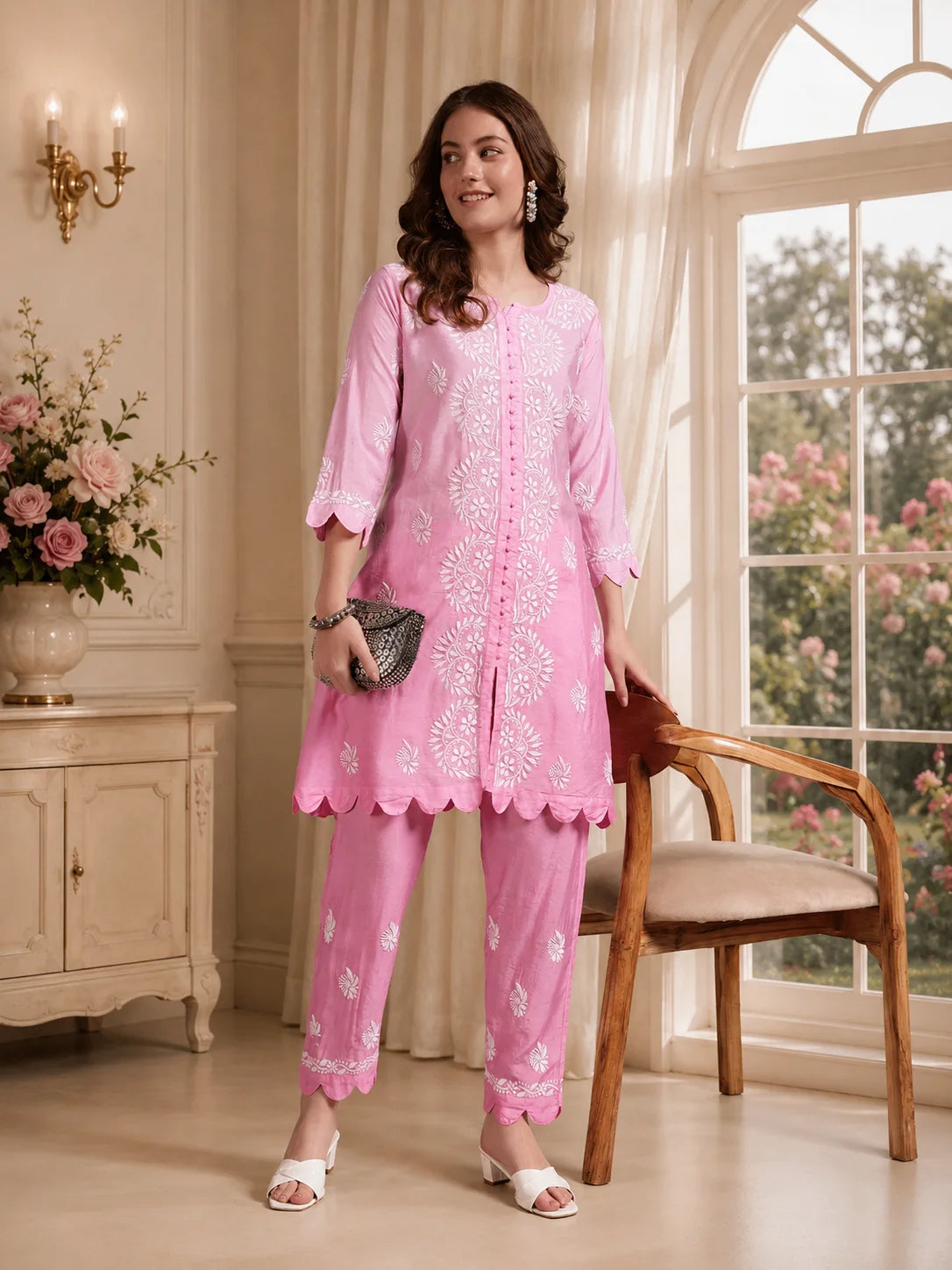Luxury Pink Muslin Hand Embroidered Co-Ord Set for Women | Premium Muslin Kurti Pant Set