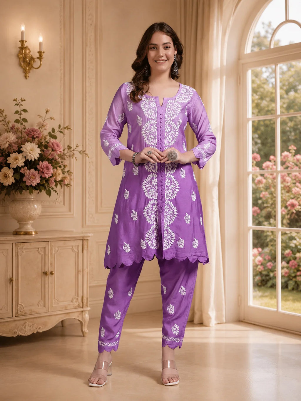 Luxury Pink Muslin Hand Embroidered Co-Ord Set for Women | Premium Muslin Kurti Pant Set