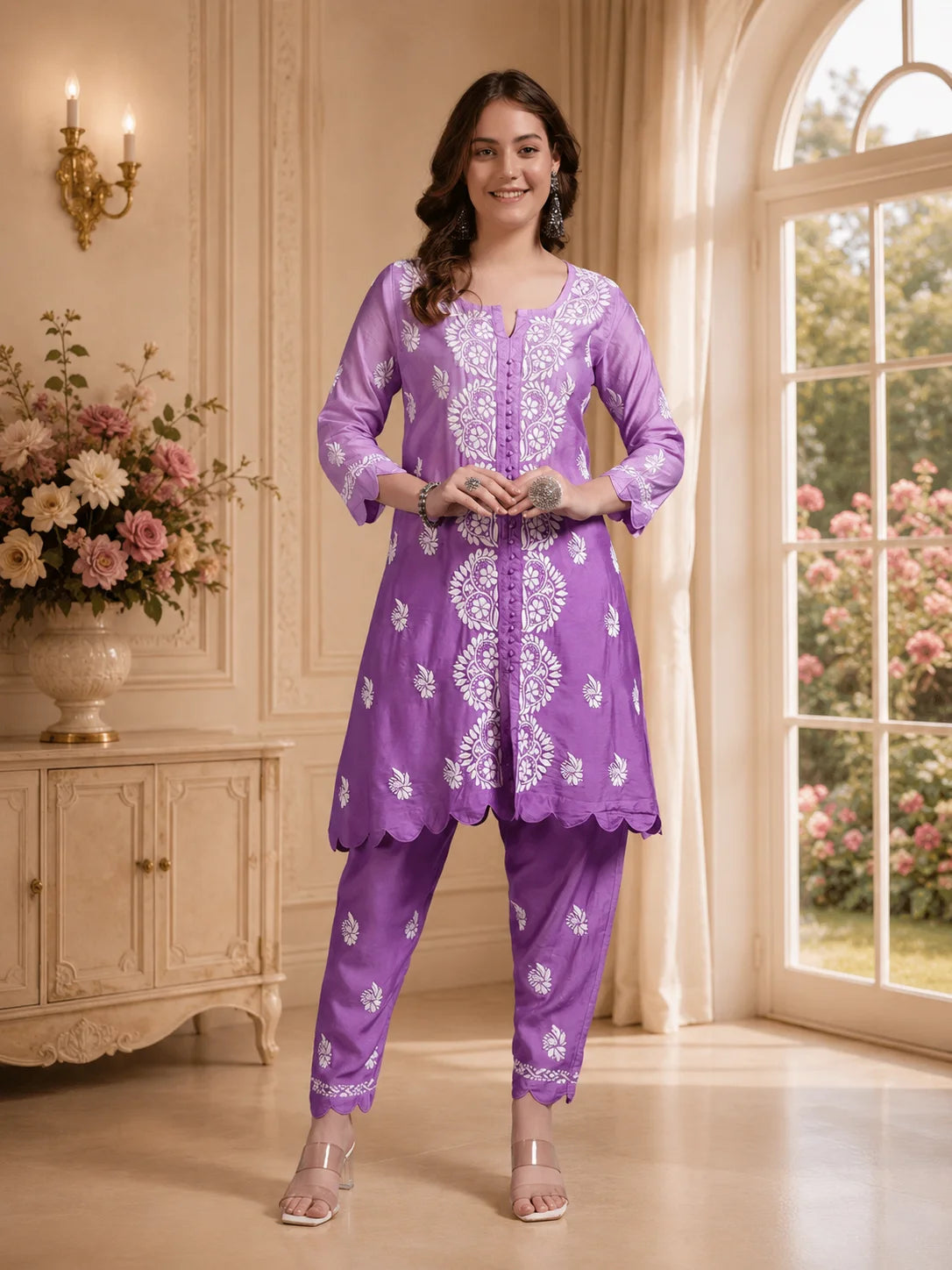 Luxury Pink Muslin Hand Embroidered Co-Ord Set for Women | Premium Muslin Kurti Pant Set