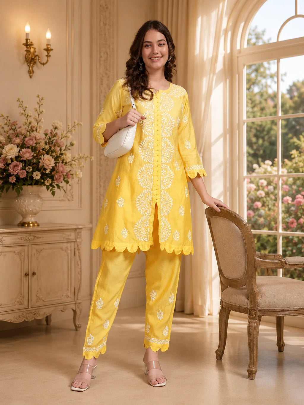 Luxury Pink Muslin Hand Embroidered Co-Ord Set for Women | Premium Muslin Kurti Pant Set