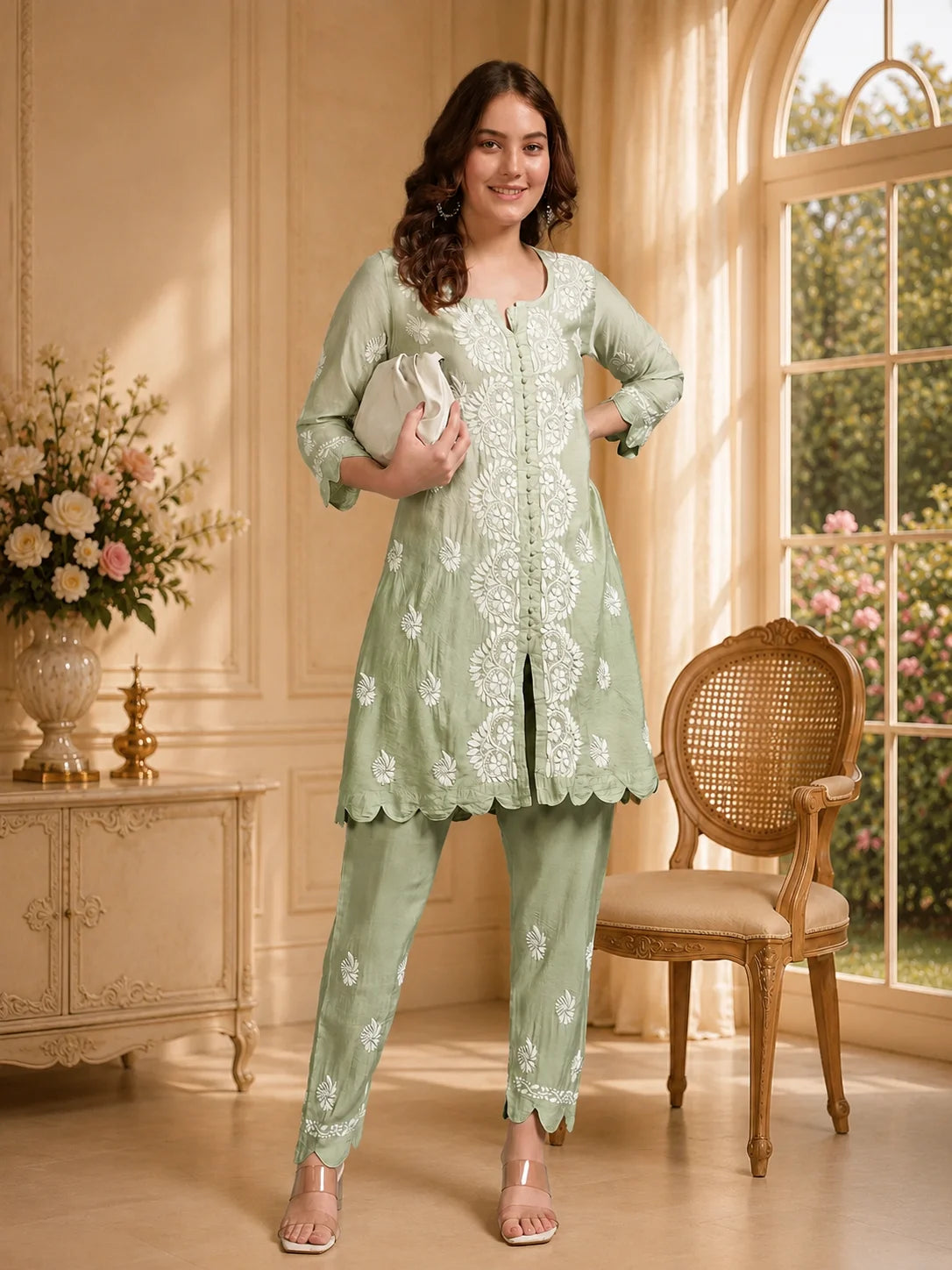 Luxury Pink Muslin Hand Embroidered Co-Ord Set for Women | Premium Muslin Kurti Pant Set