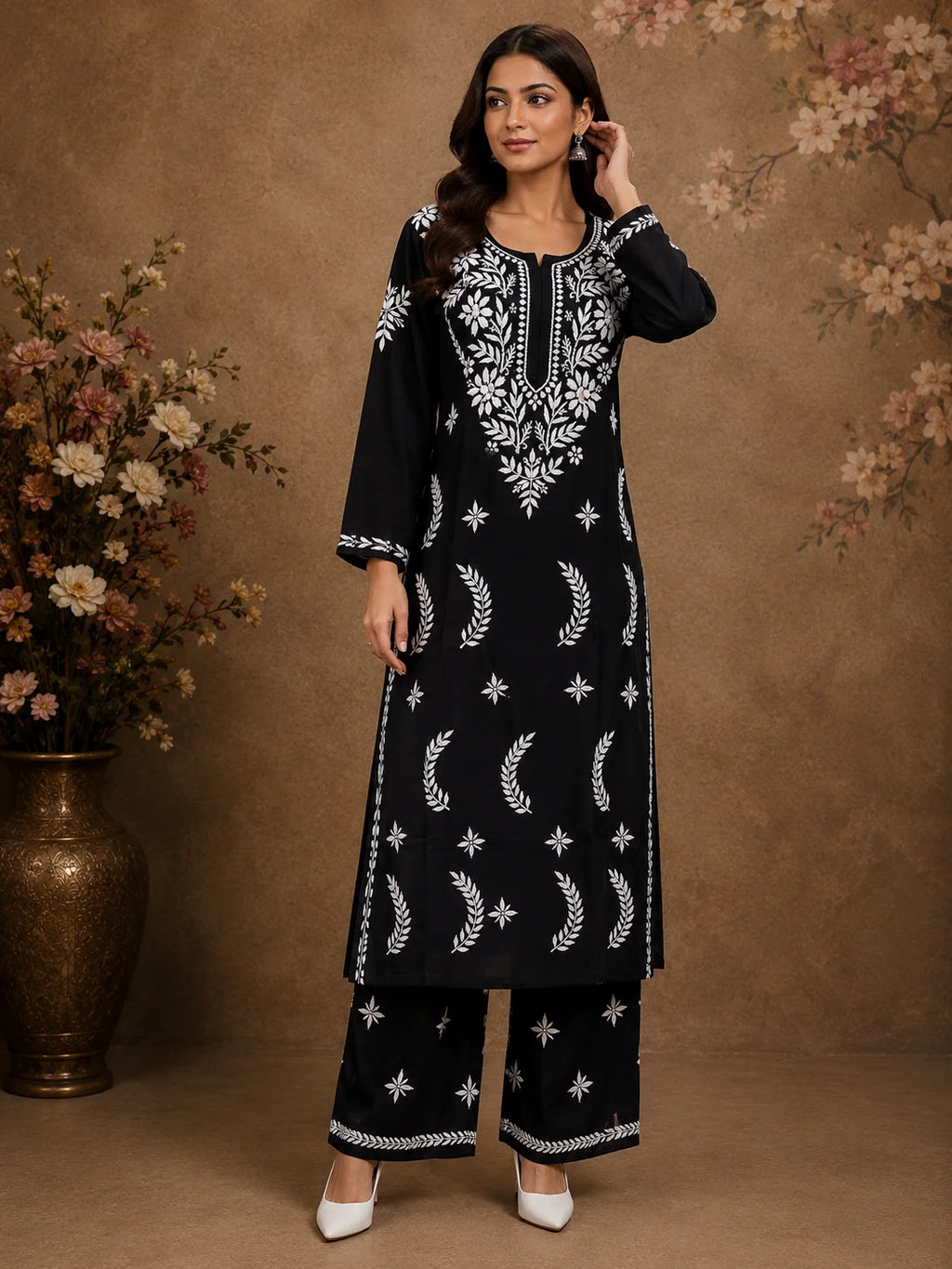 Premium Modal Chikankari Hand Embroidered Kurti Palazzo Set for Women | Lucknowi Handwork