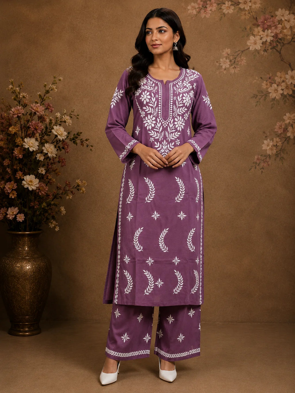 Premium Modal Chikankari Hand Embroidered Kurti Palazzo Set for Women | Lucknowi Handwork