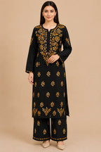 Luxury Midnight Black Modal Chikankari Kurta Palazzo Set for Women | Royal Blue Lucknowi Embroidery | Tazaki Fashion
