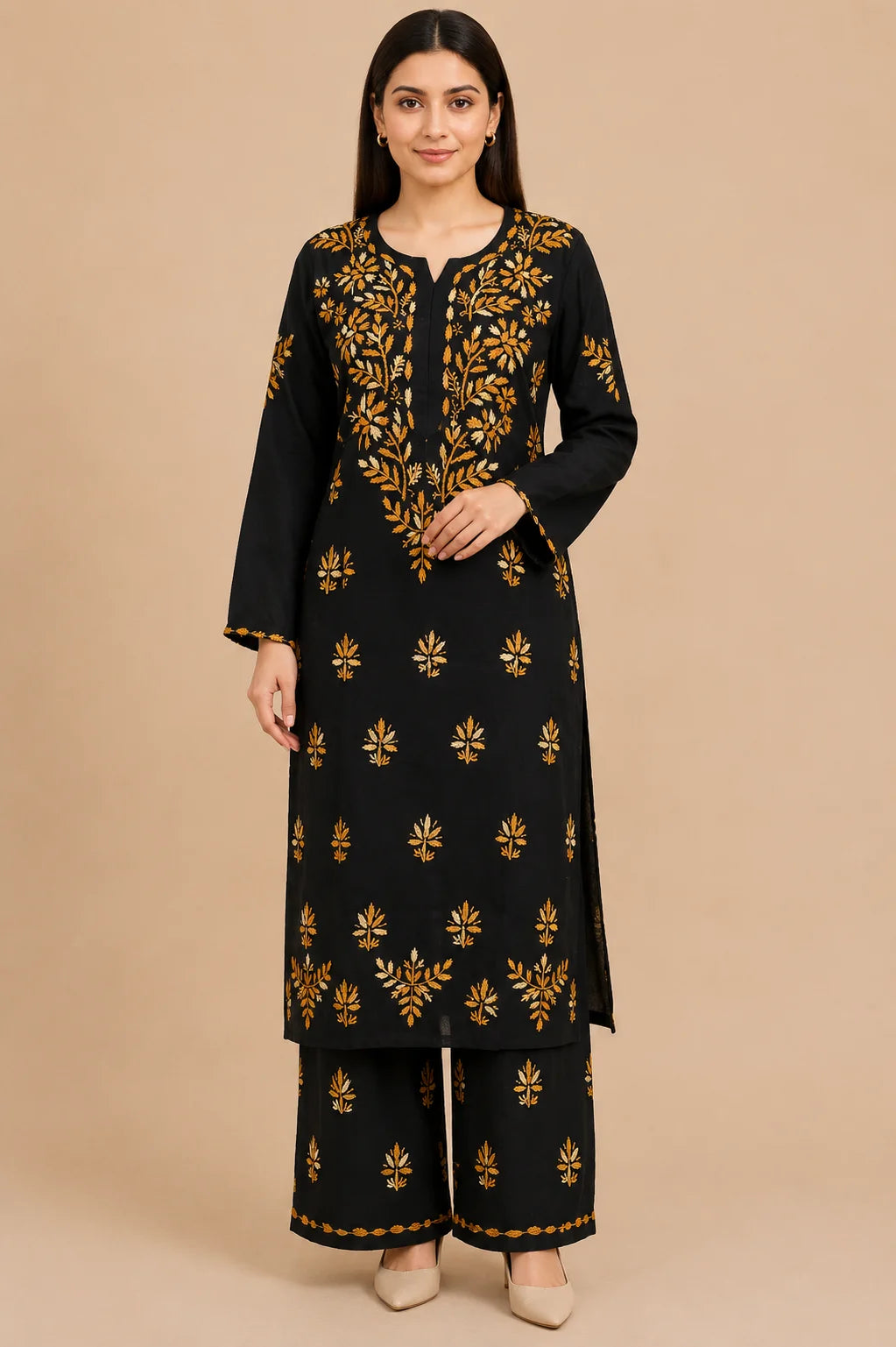 Luxury Midnight Black Modal Chikankari Kurta Palazzo Set for Women | Royal Blue Lucknowi Embroidery | Tazaki Fashion