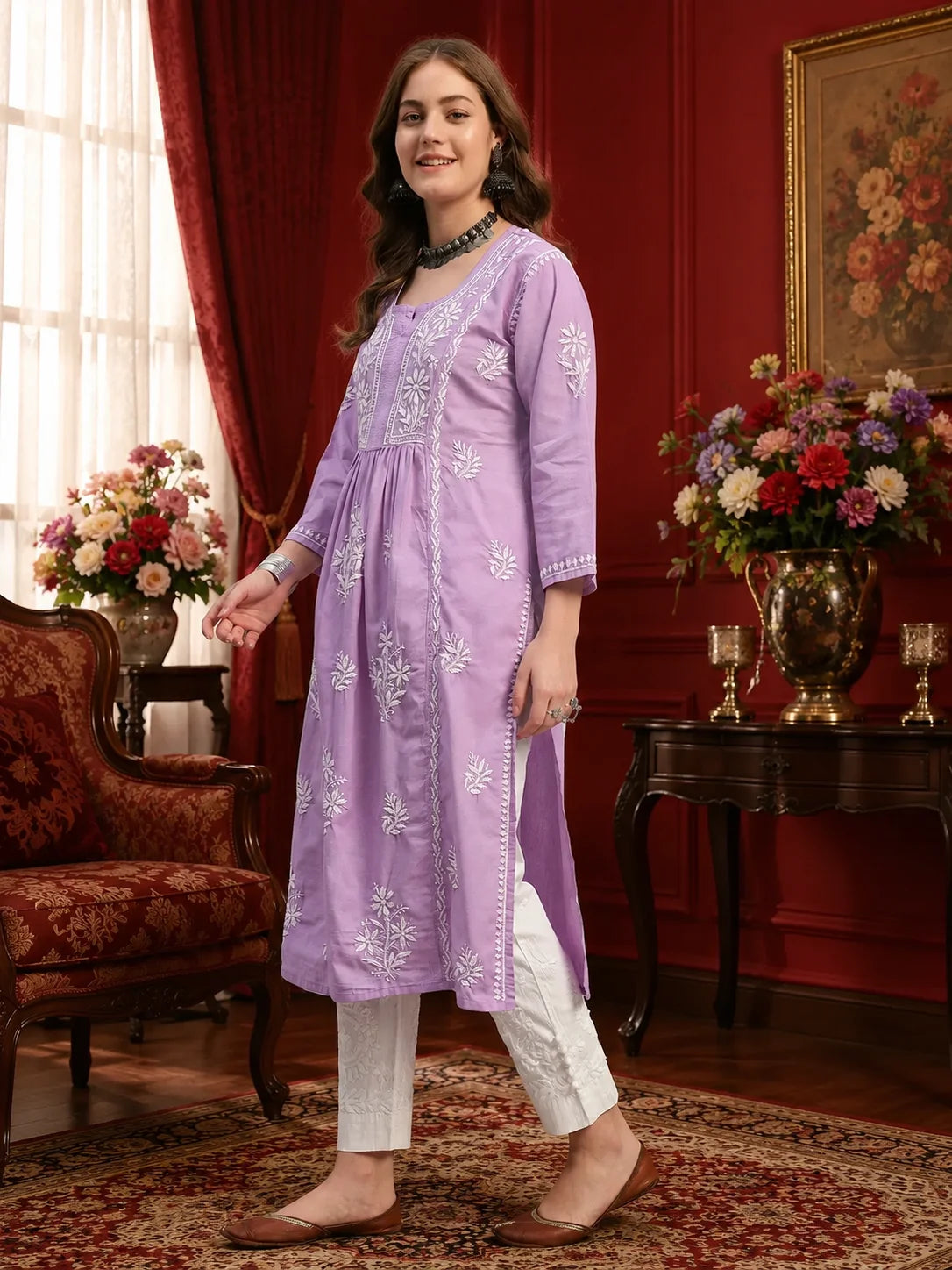 Premium Lucknowi Chikankari A-Line Kurti for Women | Hand Embroidered Ethnic Wear