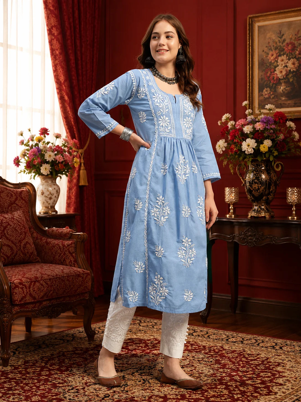Premium Lucknowi Chikankari A-Line Kurti for Women | Hand Embroidered Ethnic Wear