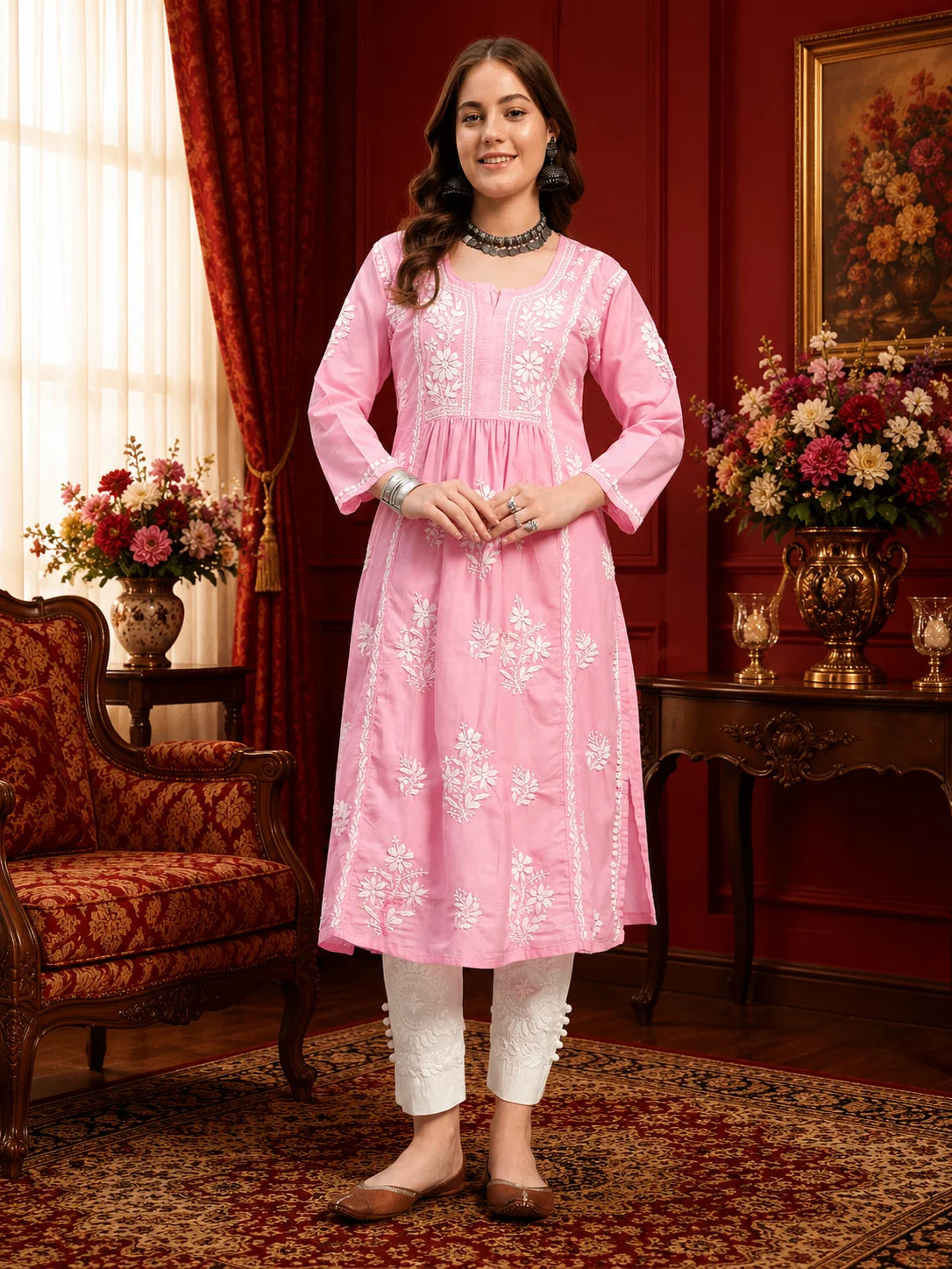 Premium Lucknowi Chikankari A-Line Kurti for Women | Hand Embroidered Ethnic Wear