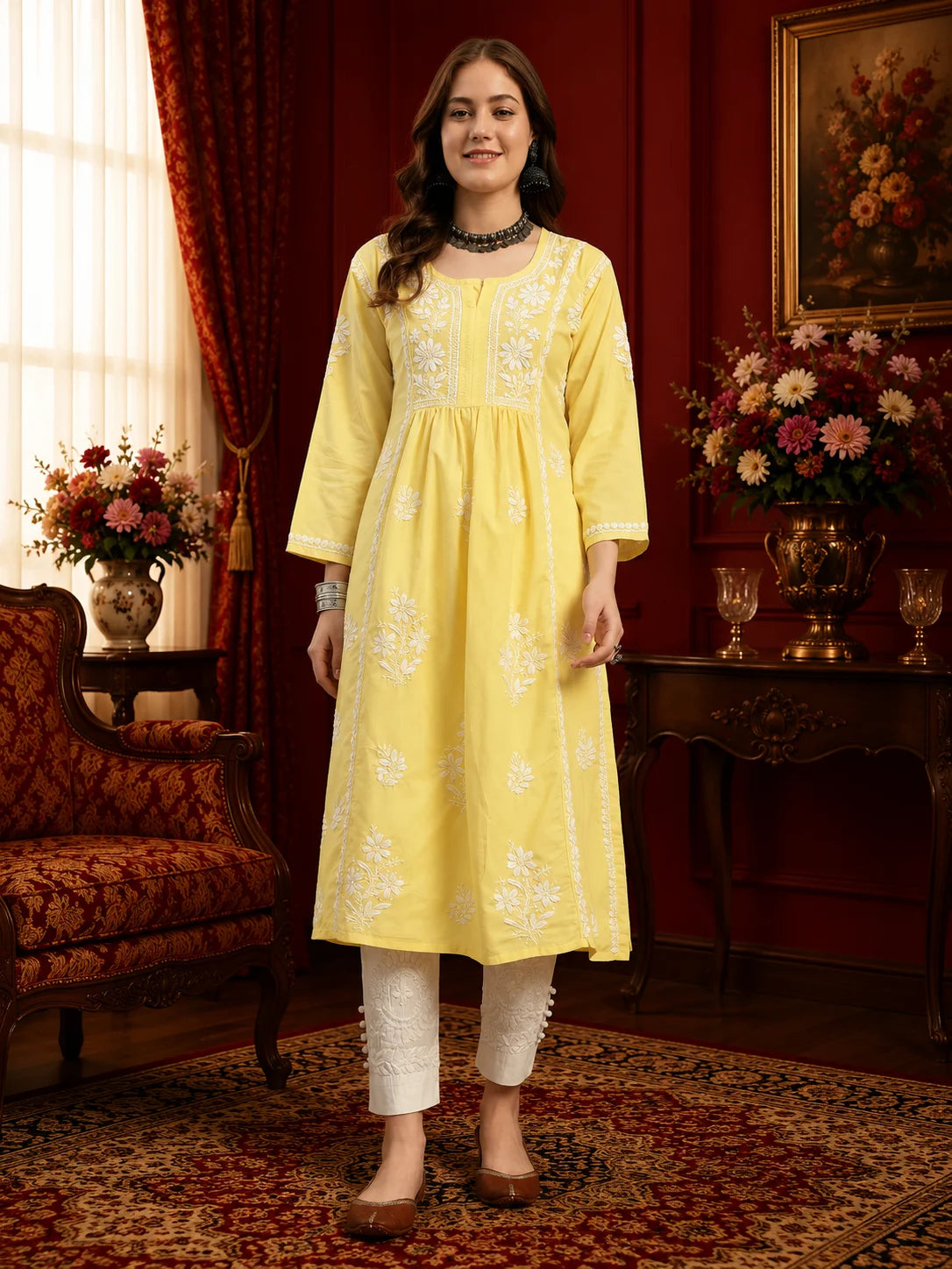 Premium Lucknowi Chikankari A-Line Kurti for Women | Hand Embroidered Ethnic Wear