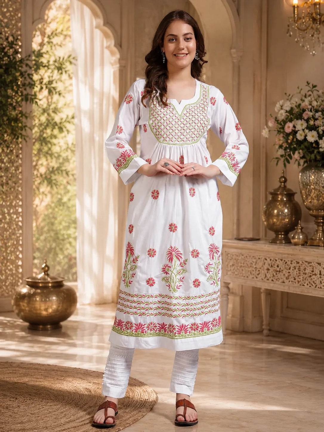 Ivory Bloom Cotton Chikankari A-Line Kurti for Women | Lucknowi Hand Embroidery