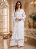 Premium White Handcrafted Chikankari Kurta Palazzo Set for Women | Elegant Lucknowi Ethnic Wear