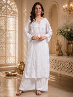 Premium White Handcrafted Chikankari Kurta Palazzo Set for Women | Elegant Lucknowi Ethnic Wear
