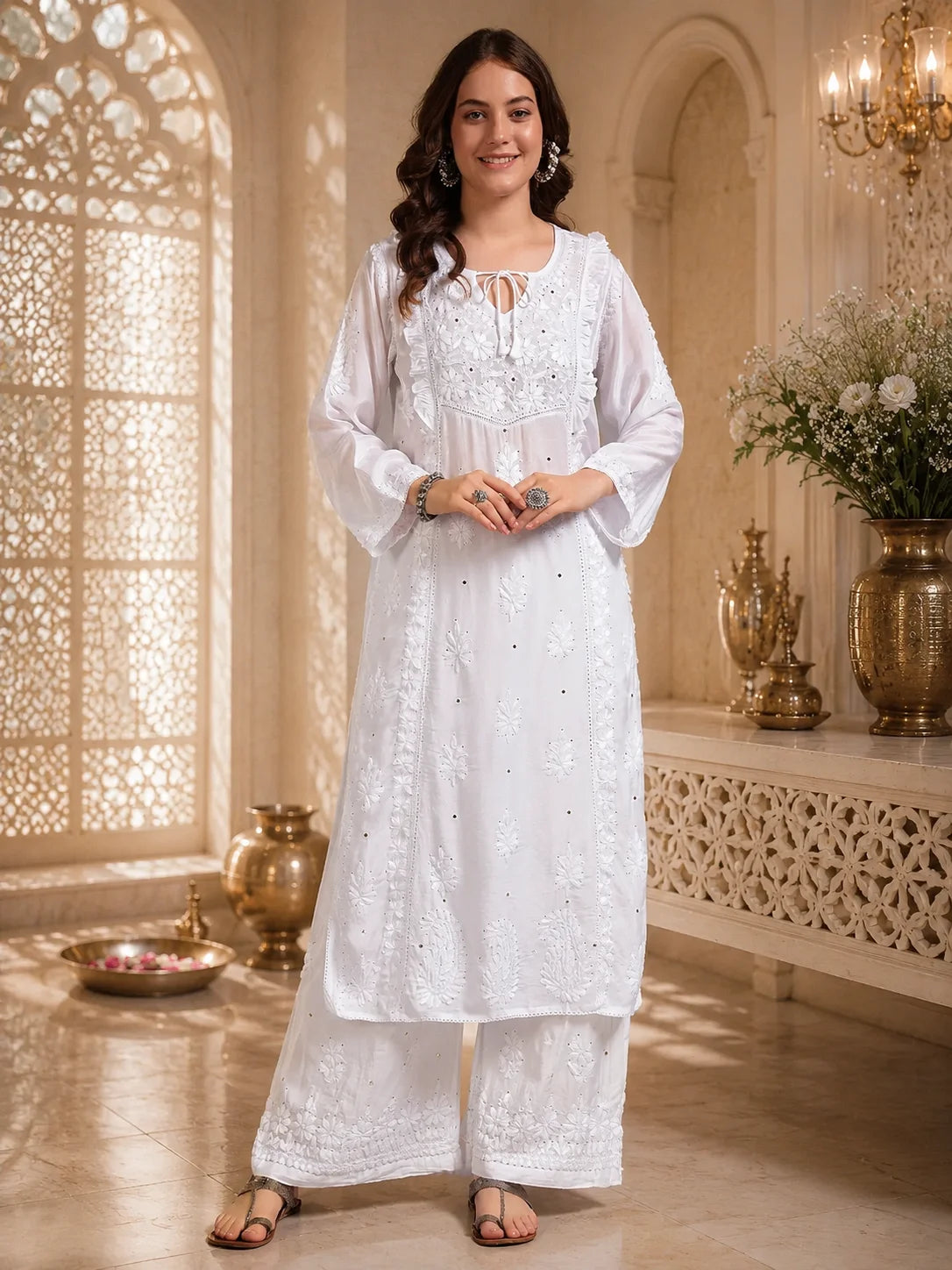 Premium White Handcrafted Chikankari Kurta Palazzo Set for Women | Elegant Lucknowi Ethnic Wear