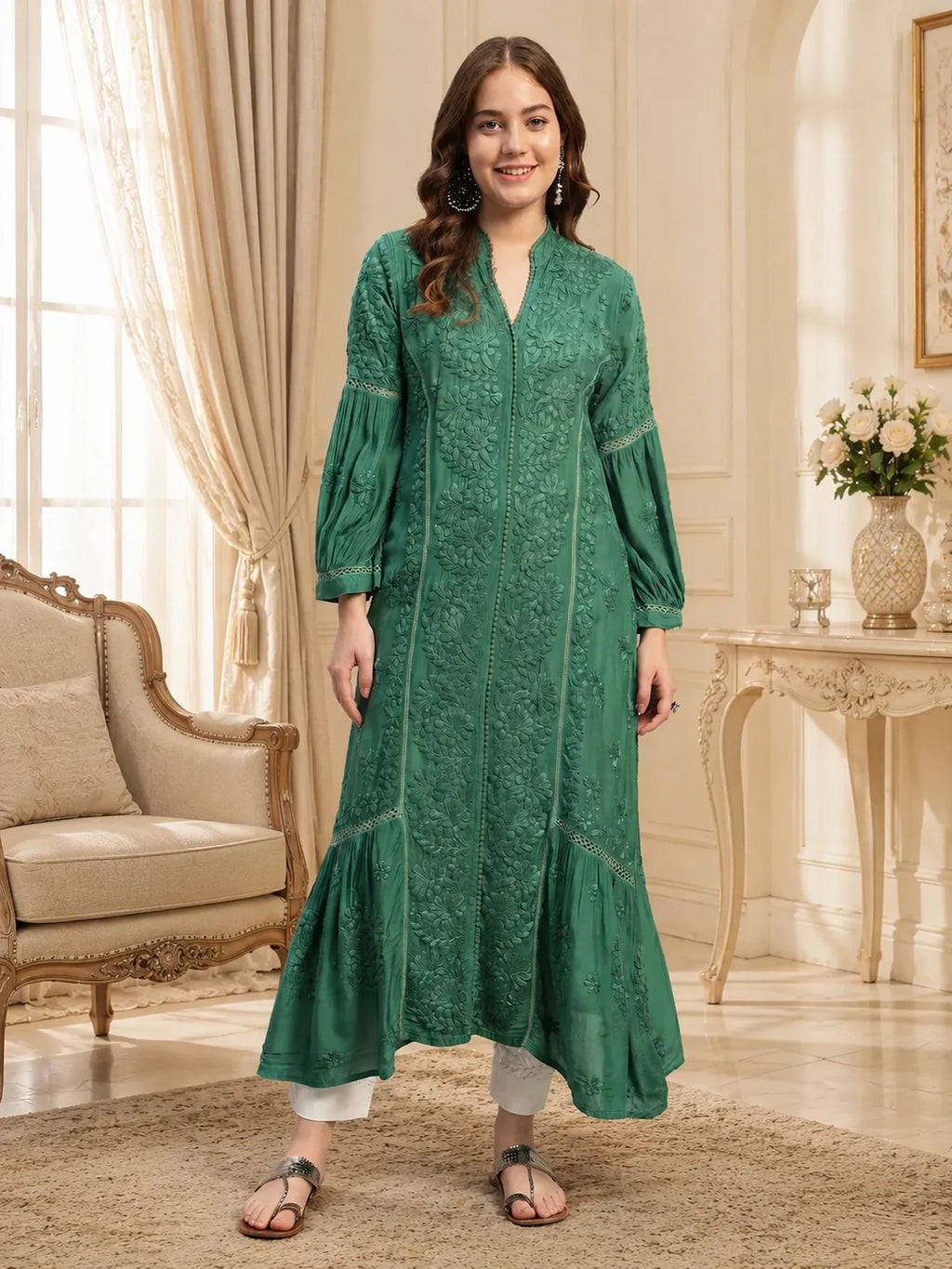 Premium Heavy Chikankari Umbrella Cut Kurti for Women | Authentic Lucknowi Handwork